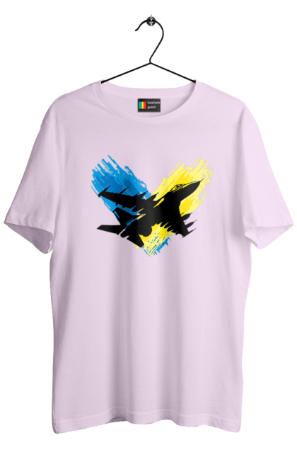 Футболка чоловіча з принтом "Літак F 16". З прапором, зсу, літак, літак f16, патріотична, прапор, ф16. 2070702