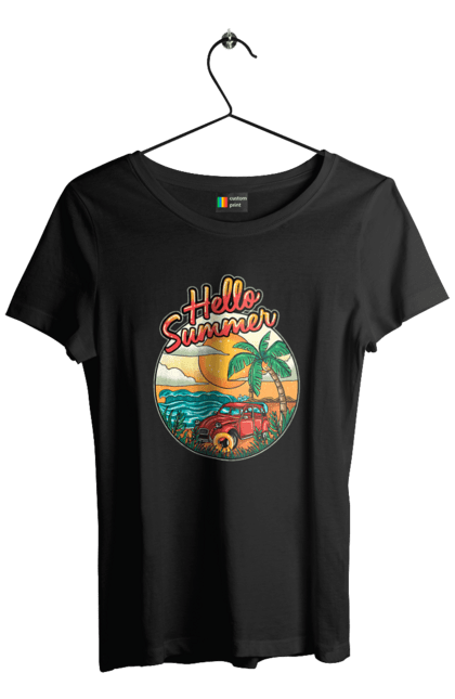 Футболка жіноча з принтом "Привіт Літо, Машина Біля Моря". Літо, машина, острів, пальма, пляж. 2070702