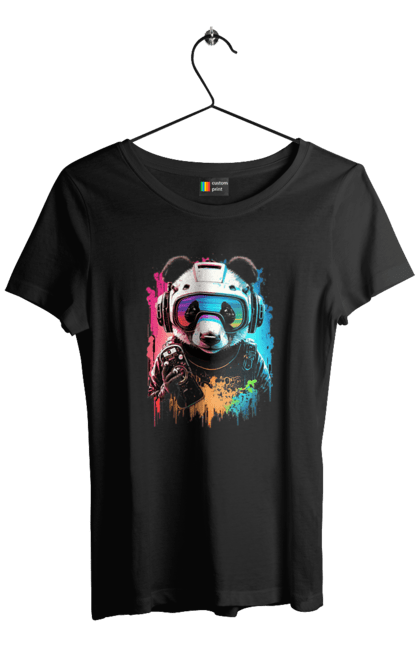 Футболка жіноча з принтом "Панда в VR шолом". Віртуальна реальність, гік, панда, персонаж, шолом. 2070702