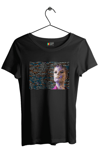 Футболка жіноча з принтом "Штучний Розум". Айті, айтішник, гик, жінка, знання, інженер, інтелект, кібер, кібернетика, кіборг, код, комп, комп`ютерник, кристал, машинне навчання, мікросхема, мозок, портрет, програміст, професіонал, професія, розробник, розум, світиться, світло, хакер, чіп, штучний інтелект, штучний розум. 2070702