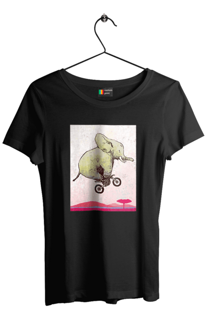 Футболка жіноча з принтом "Слон На Мотоциклі". Мотоцикл, політ, слон. 2070702