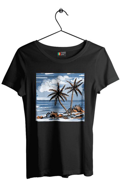 Футболка жіноча з принтом "Пальми І Небо". Море, небо, пальми, хмари. 2070702