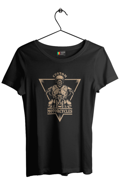 Women`s t-shirt with prints Skeleton on a motorcycle. Drive, motorcycle, skeleton. 2070702