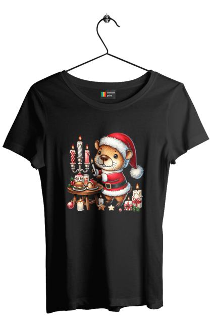 Women's t-shirt with prints Capybara and Christmas Dinner. Animal, capybara, christmas, christmas capybara, christmas dinner, gift, holiday, new year, new year`s gift, santa. 2070702