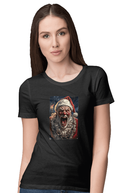 Women's t-shirt with prints Bad frost. Bad frost, bad santa, bad santa claus, santa, santa claus. CustomPrint.market