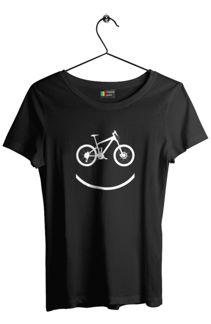 Футболка жіноча з принтом "Велосмайл". Велосипед, велоспорт, колесо, крос, любителям велосипеда, педалі, смайл, смайлик, траса. 2070702
