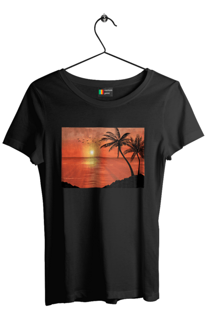 Футболка жіноча з принтом "Захід Пальми Море". Берег, захід, море, пальми. 2070702