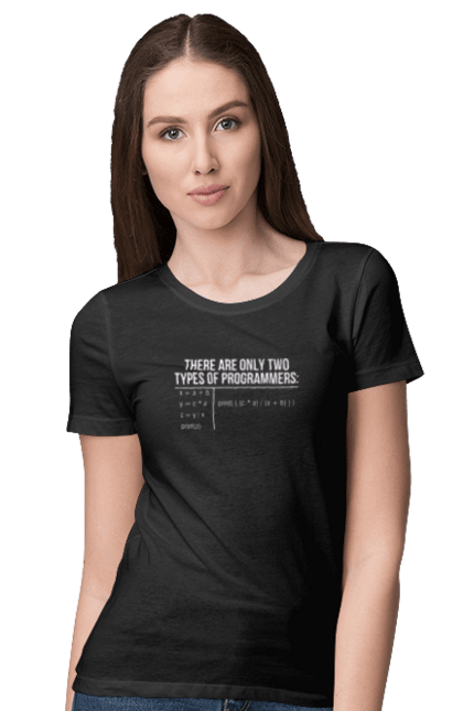 Футболка жіноча з принтом "Два типи програмістів". Два програмісти, два типи, два типи програмістів, жарт it, мак адреса, програма, програміст, програмісти жартують, технічне завдання, фрілансер. 2070702