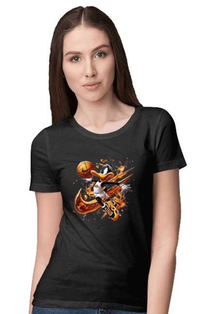 Women's t-shirt with prints Daffy Duck Nike. Cartoon, character, daffy duck, duck, looney tunes, merrie melodies, nike, warner brothers. 2070702