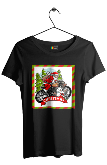 Футболка жіноча з принтом "Санта на мотоциклі". Мотоцикл, новий рік, подарунки, різдво, санта, сніговик, ялинка. 2070702