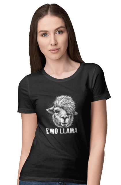 Women's t-shirt with prints Emo Llama. Alpaca, animals, distressed, emo, funny, llama, vintage. 2070702