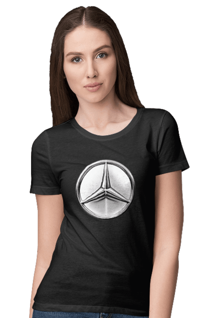 Футболка жіноча з принтом "Mercedes Benz Лого Металік". Авто, автомобіль, логотип мерседес, машини, мерс, мерседес. 2070702
