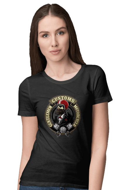 Women`s t-shirt with prints Gentlemen motorcycle. Gentleman, helmet, motorcycle, skull. 2070702