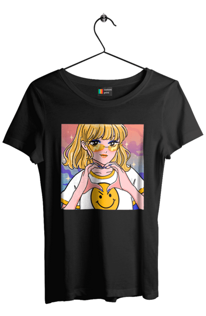 Футболка жіноча з принтом "Жовта Дівчинка". Аніме, дівчинка, смайл. 2070702