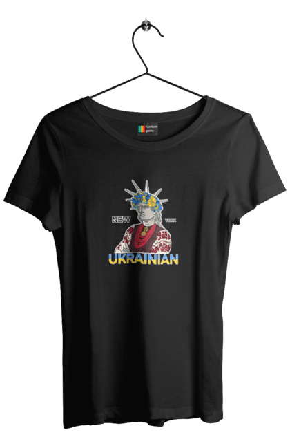 Women`s t-shirt with prints UA & NY. Embroidered shirt, new york, statue of liberty, ukraine, wreath. 2070702
