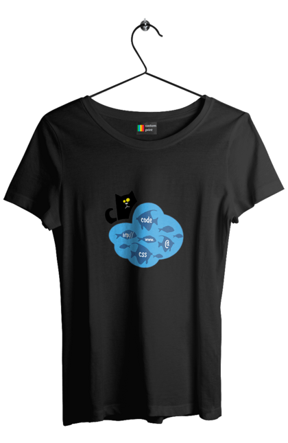 Футболка жіноча з принтом "Кіт програміст". Angular, c, css, html, it, javascript, jquery, php, python, react, svelt, vue, айтишник, айті, гумор, код, кодувати, прогер, програміст, програмісти, ти ж, ти ж програміст, тиж програміст. 2070702