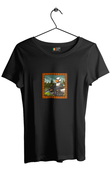 Футболка жіноча з принтом "Гусячий десант". Біологічна зброя, бойові гуси, військовий гусак, гусячий десант, зброєні сили, прапор, символіка, україна. 2070702