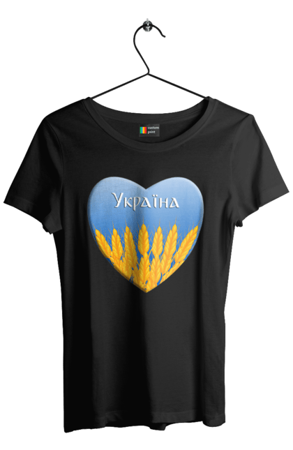 Футболка жіноча з принтом "Серце з колосками Україна". Воля, колоски, небо, перемога, прапор україни, пшениця, серце, символ україни, україна. 2070702