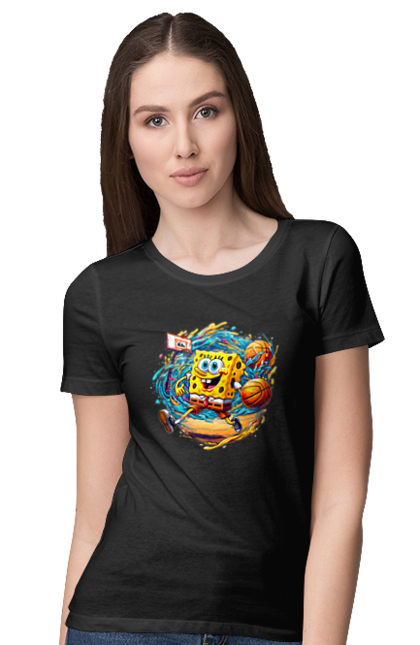 Футболка жіноча з принтом "Губка Боб". Spongebob, баскетбол, губка боб, м`яч, мультик, мультсеріал, спанч боб, спорт. 2070702
