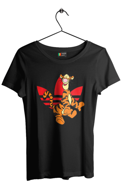 Футболка женская с принтом Adidas Тигра. Adidas, tigger, winnie-the-pooh, адидас, винни пух, мультсериал, тигр, тигра. 2070702