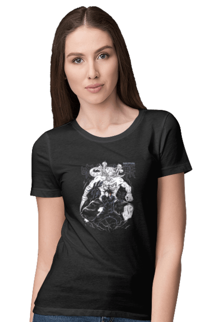 Women's t-shirt with prints Jujutsu Kaisen Megumi. Anime, dark fantasy, fushiguro, fushiguro megumi, jujutsu kaisen, magic battle, manga, megumi, mystic. 2070702