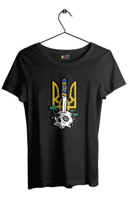 Футболка жіноча з принтом "Герб ЗСУ". Герб, зсу, патріотична, прапор, череп. 2070702