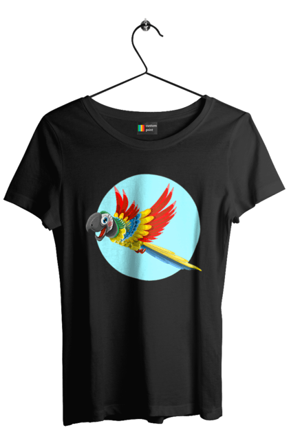 Футболка жіноча з принтом "Папуга". Барвистий папуга, какаду, кольоровий папуга, папуга, що летить. 2070702