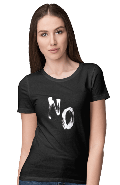 Women's t-shirt with prints Inscription "NO". Clean design, contemporary, elegance, home decor, inscription no, minimalist, modern, simplicity, typography, wall art. CustomPrint.market
