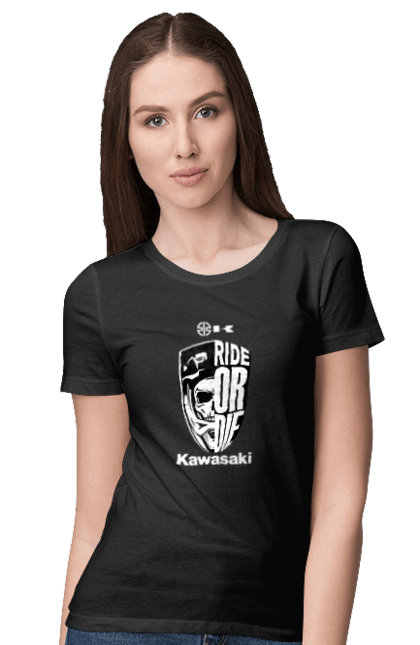 Women's t-shirt with prints Kawasaki. Brand, kawasaki, motorbike, ride or die, scull, sport. 2070702