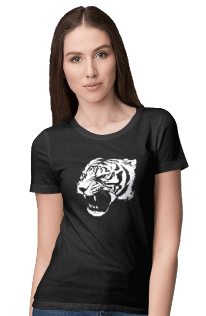 Футболка жіноча з принтом "Тигр моно білий". Велика кішка, великий кіт, дика природа, дикий, звір, зуби, паща, погляд, портрет, природа, стилізація, тварина, тигр, хижак. CustomPrint.market