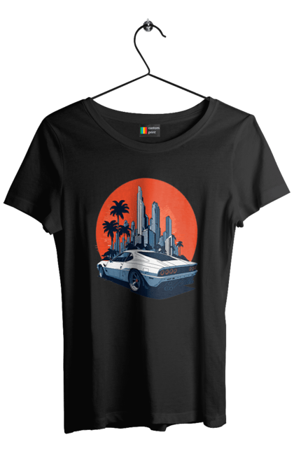 Футболка жіноча з принтом "Авто". Гонка, захід сонця, спортивний автомобіль, швидкість. 2070702