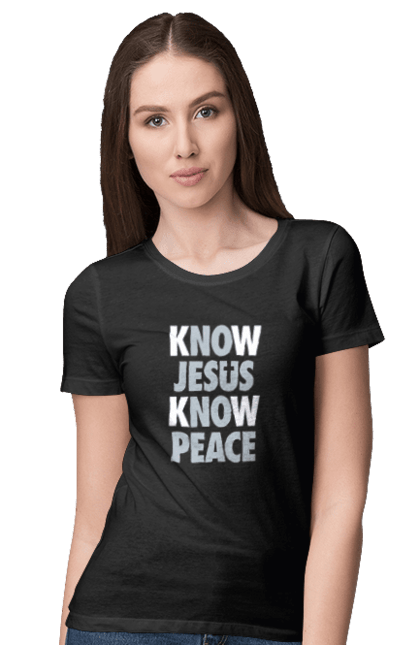 Футболка жіноча з принтом "Пізнаєш Ісуса пізнаєш мир". Бог, віра, девіз, знання, ісус, мир, релігія, християнство, христос. KRUTO.  Магазин популярних футболок