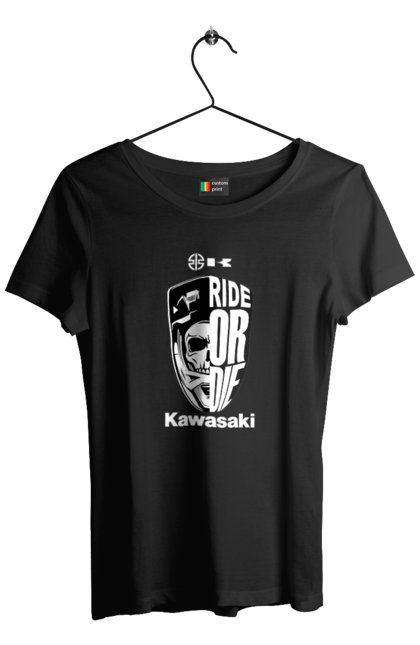 Women's t-shirt with prints Kawasaki. Brand, kawasaki, motorbike, ride or die, scull, sport. 2070702