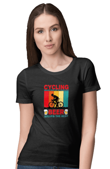 Футболка жіноча з принтом "Cycling Beer". Алкоголь, брутальні, велосипед, веселі, для спортсменів, літні, пиво, спорт, чоловічі. 2070702