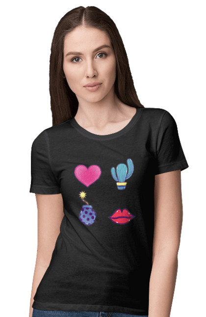Women`s t-shirt with prints Heart, Cactus, Bomb, Lips. Bomb, cactus, lips. 2070702