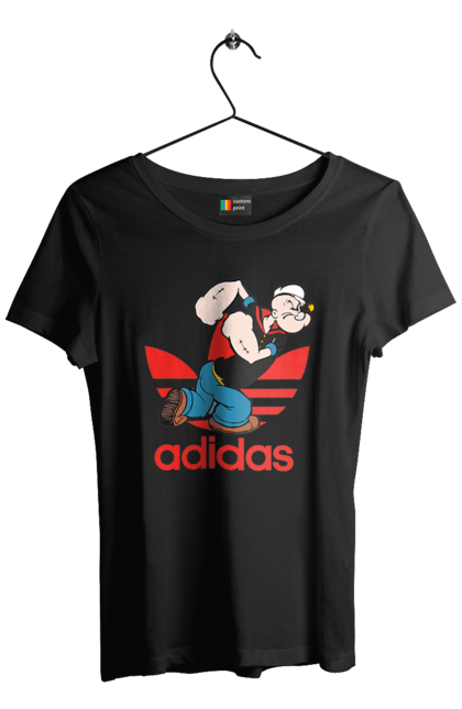 Футболка жіноча з принтом "Adidas Моряк Попай". Adidas, popeye the sailor, адідас, комікс, моряк, мультфільм, серіал, трубка. 2070702