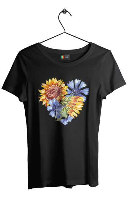 Футболка жіноча з принтом "Серце соняшники та фіалки". Квіти, люблю україну, любов, серце, соняшник, україна, фіалки. 2070702