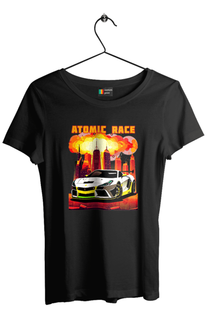 Футболка жіноча з принтом "Атомна гонка". Авто, автомобіль, атомні перегони, гонки, гоночні машини, спортивна машина, спорткар. 2070702