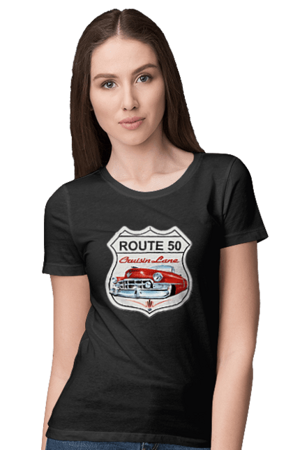 Футболка жіноча з принтом "Route 50". Байк, байкер, байкер клуб, брат, брати, брутал, гарячий асфальт, гарячий кінь, гарячий стрижень, дорога 50, дорога 66, дорога 80, дороги америки, дороги україни, жага швидкості, клуб байкерів, мотоцикл, мотоцикліст, справжній чоловік, чувак, швидкість. 2070702