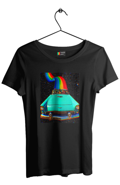 Футболка жіноча з принтом "Картина, машина у космосі". Веселка, картина, космос, машина, подорожі, поїздка, прикол, ретро. 2070702