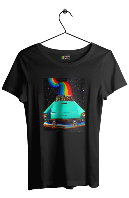 Футболка жіноча з принтом "Картина, машина у космосі". Веселка, картина, космос, машина, подорожі, поїздка, прикол, ретро. 2070702