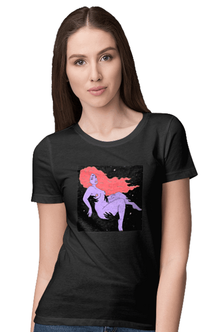 Футболка жіноча з принтом "Фіолетова Дівчина В Чорній Дирі". Дівчина, лапають. 2070702