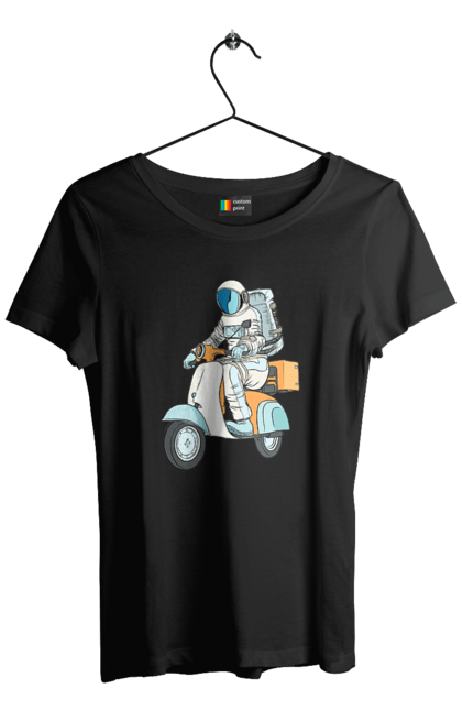 Футболка жіноча з принтом "Космонавт на мотоциклі". Космонавт, космос, мотоцикл. 2070702