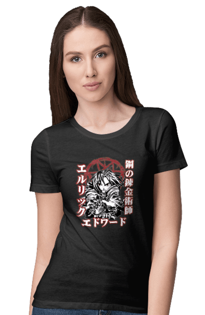 Women's t-shirt with prints Fullmetal Alchemist Edward Elric. Adventures, anime, comedy, edward, edward elric, elric, fullmetal alchemist, manga, steampunk. 2070702