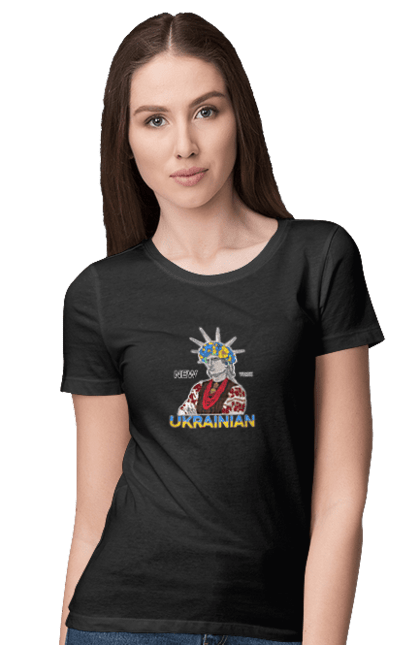 Women`s t-shirt with prints UA & NY. Embroidered shirt, new york, statue of liberty, ukraine, wreath. 2070702