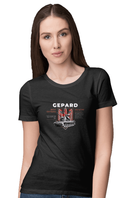 Футболка жіноча з принтом "Gepard". F16, gepard, nasams, stinger, zuzana, гаубиця, два герби, залужний, сюзанна. 2070702