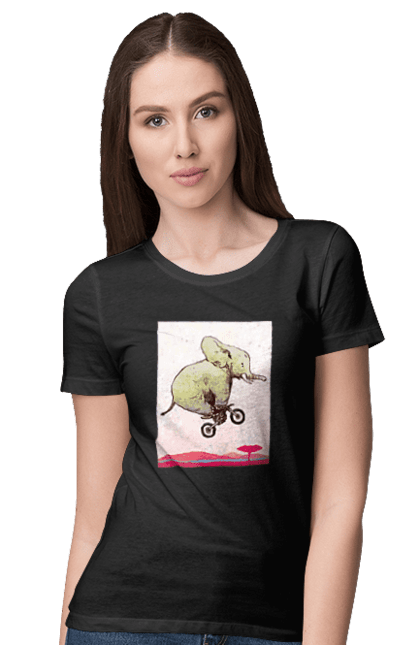 Футболка жіноча з принтом "Слон На Мотоциклі". Мотоцикл, політ, слон. 2070702