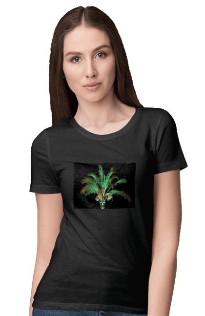 Футболка жіноча з принтом "Фінікова Пальма Вночі". Берег, відпочинок, відпустка, зелений, море, ніч, оазис, океан, острів, пальма, південь, подорож, пригоди, тропіки, фінікова, чорне. 2070702