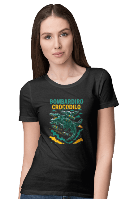 Women`s t-shirt with prints Bombardino Crocodilo. Bombardino, bombardino crocodilo, bombardiro crocodile, brainrot, crocodile, crocodile meme, crocodile plane, crocodilo, italian brainrot, meme. 2070702