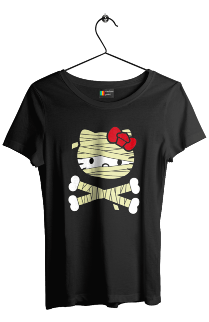 Women's t-shirt with prints Hello Kitty Halloween. Brand, cat, character, halloween, halloween, hello kitty, kitten, kitty, mummy. 2070702